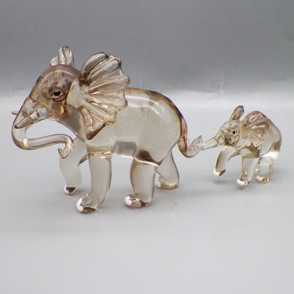 Hand Blown Glass Elephants Mom and Baby Holding Tail Smokey Accents Light Brown